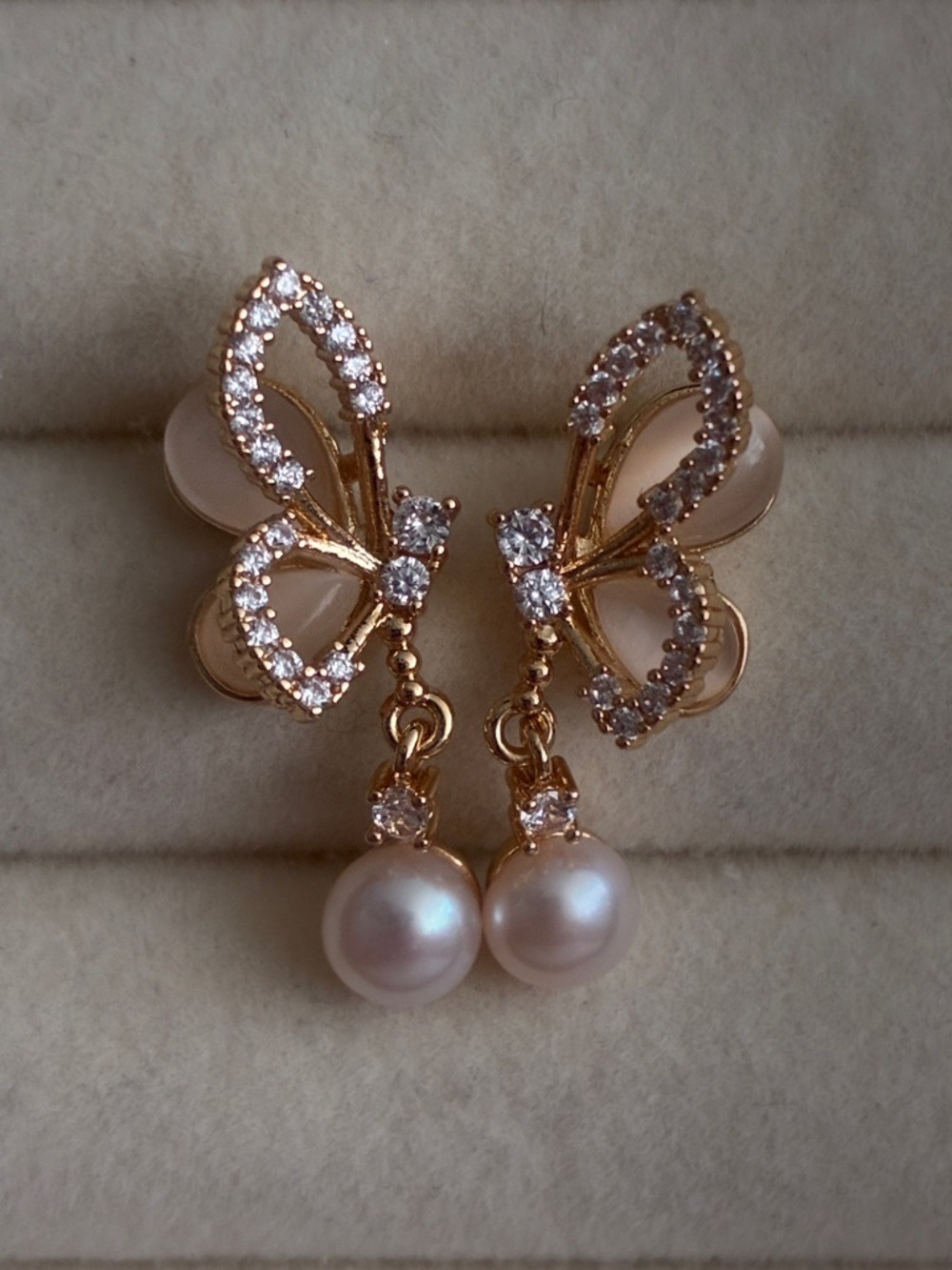 Gold Butterfly Pearl Drop Earrings - Pink Pearls